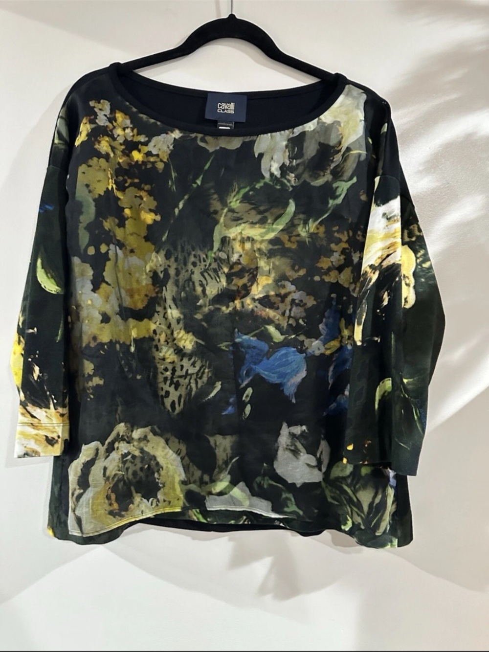 Roberto Cavalli Black Floral-Print Boatneck Blouse with Yellow and Blue Accents
